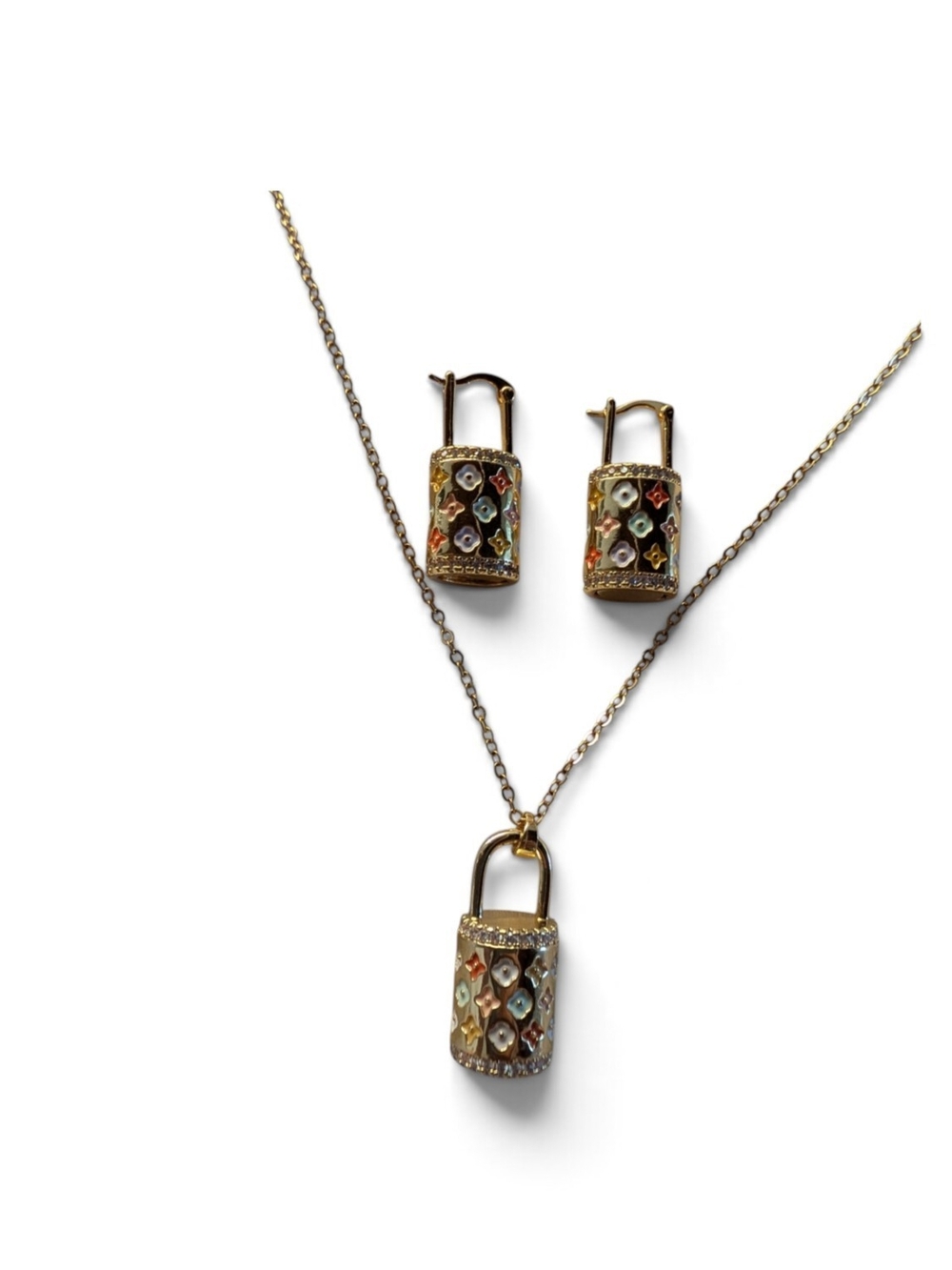 Pendant Necklace and Earring Set with Multicolor Enamel